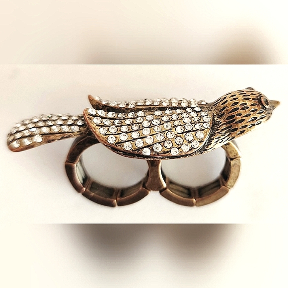 Two Finger BIRD RING in BRASS TONE. Adjustable Size